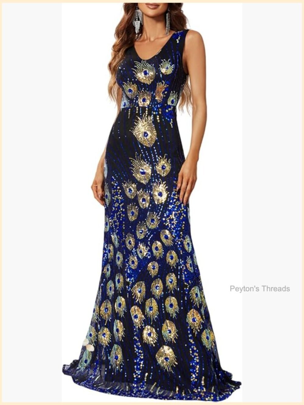 V Neck Sleeveless Peacock Sequin Evening Gown Bodycon Maxi Dress Formal Prom